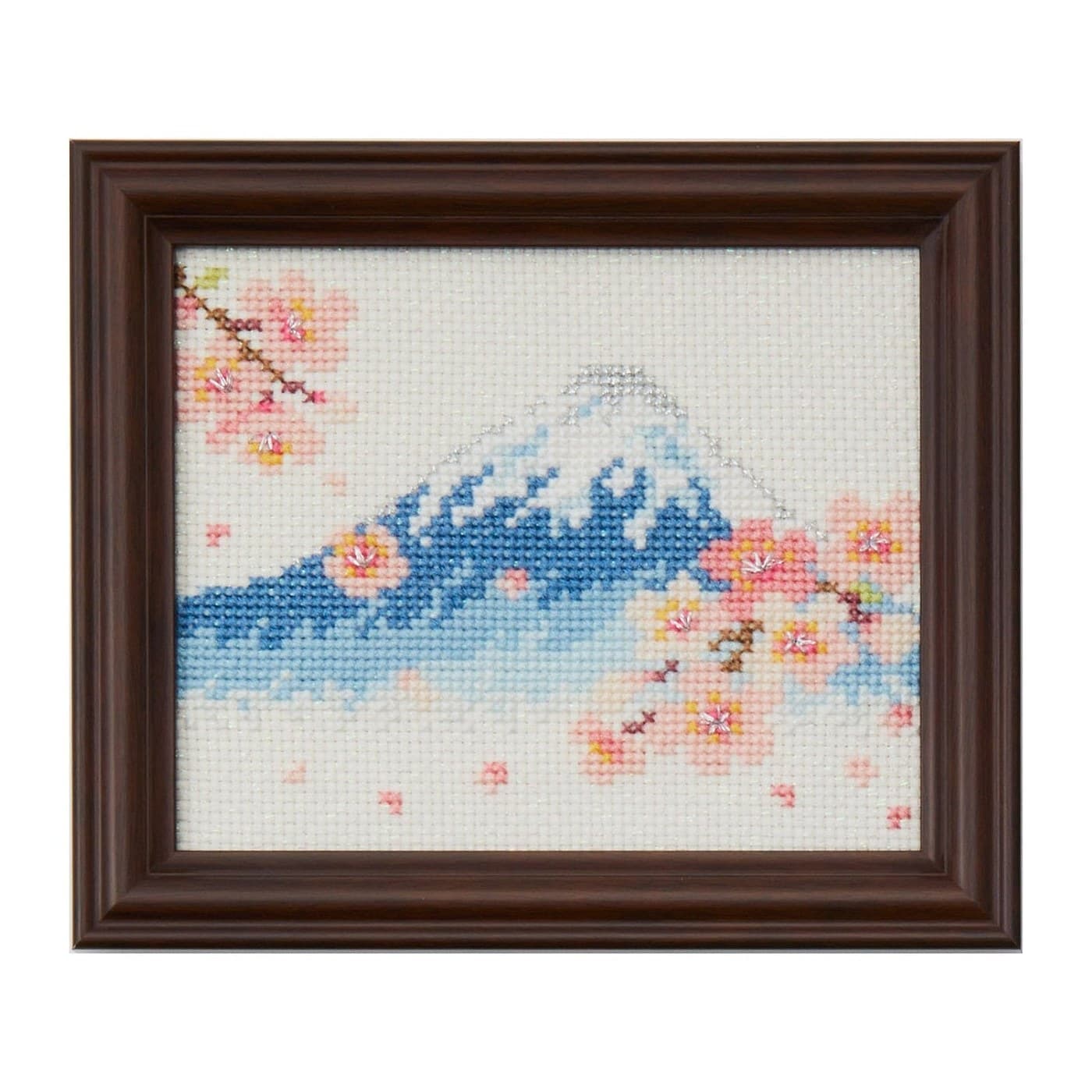 Framed cross-stitch of Mount Fuji and cherry blossoms stitched in COSMO floss