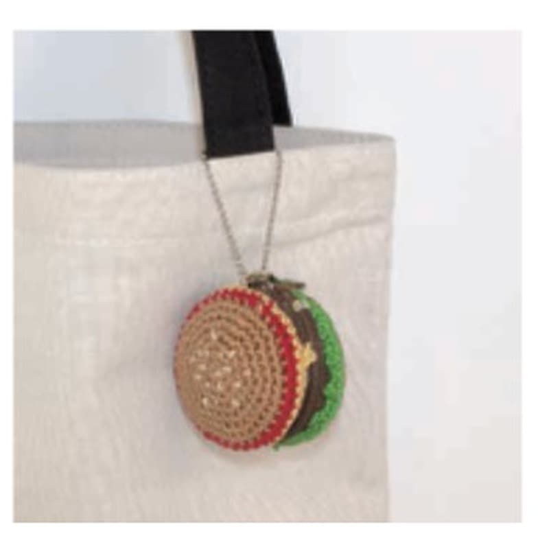 Hamburger crochet pouch attached to a tote bag with a ball chain