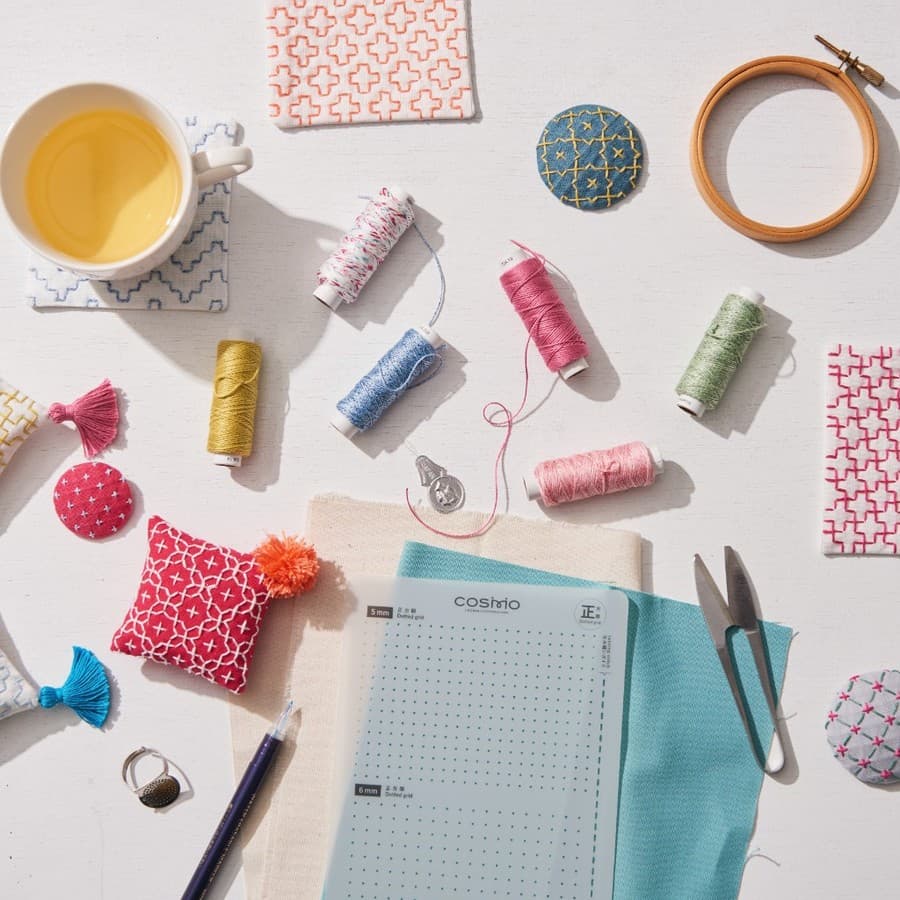 hidamari sashiko thread, embroidery hoop, and stitched fabric samples
