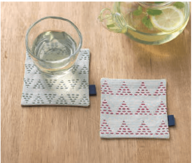 Finished sashiko pair coasters with glass of water