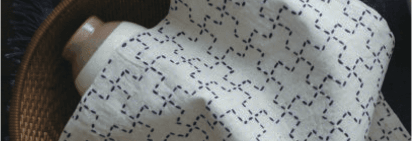Sashiko-stitched cotton-linen fabric with geometric pattern