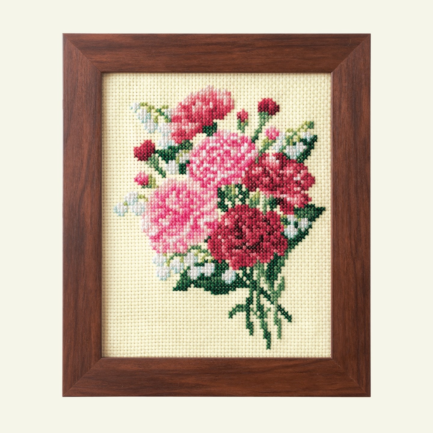 Detail of framed floral bouquet embroidery