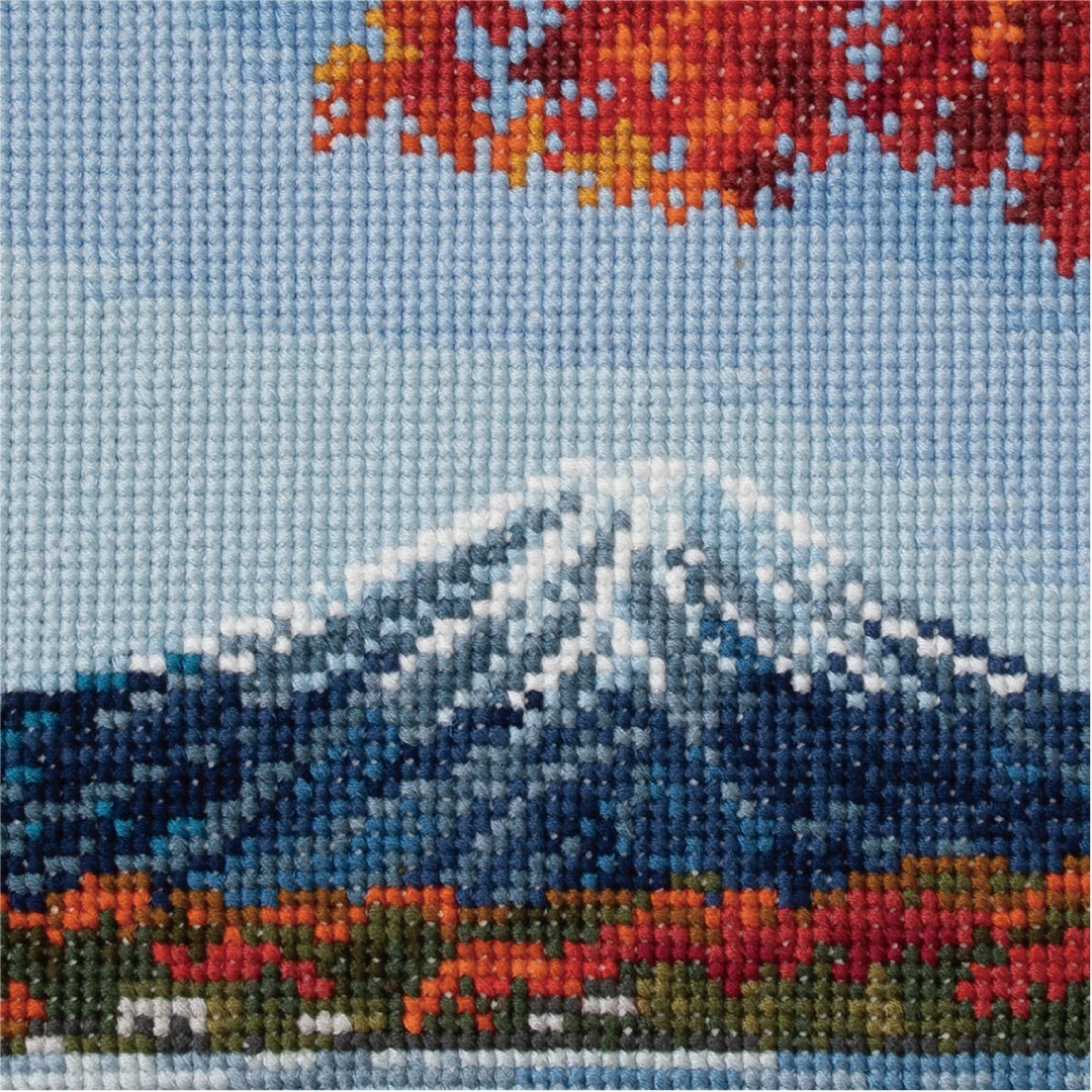 Framed Mount Fuji and autumn maple landscape cross-stitch
