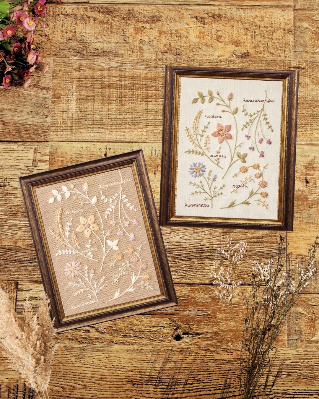 Herbarium-style embroidery with Japanese plant name labels