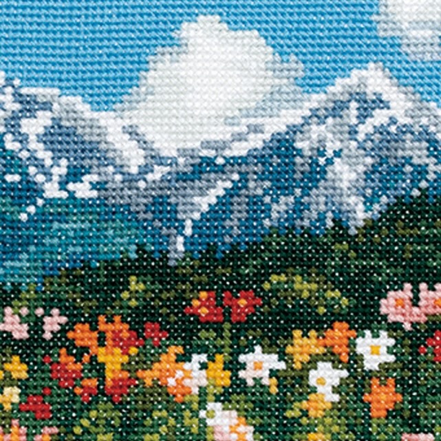Framed wildflower meadow with mountains under a cloudy sky