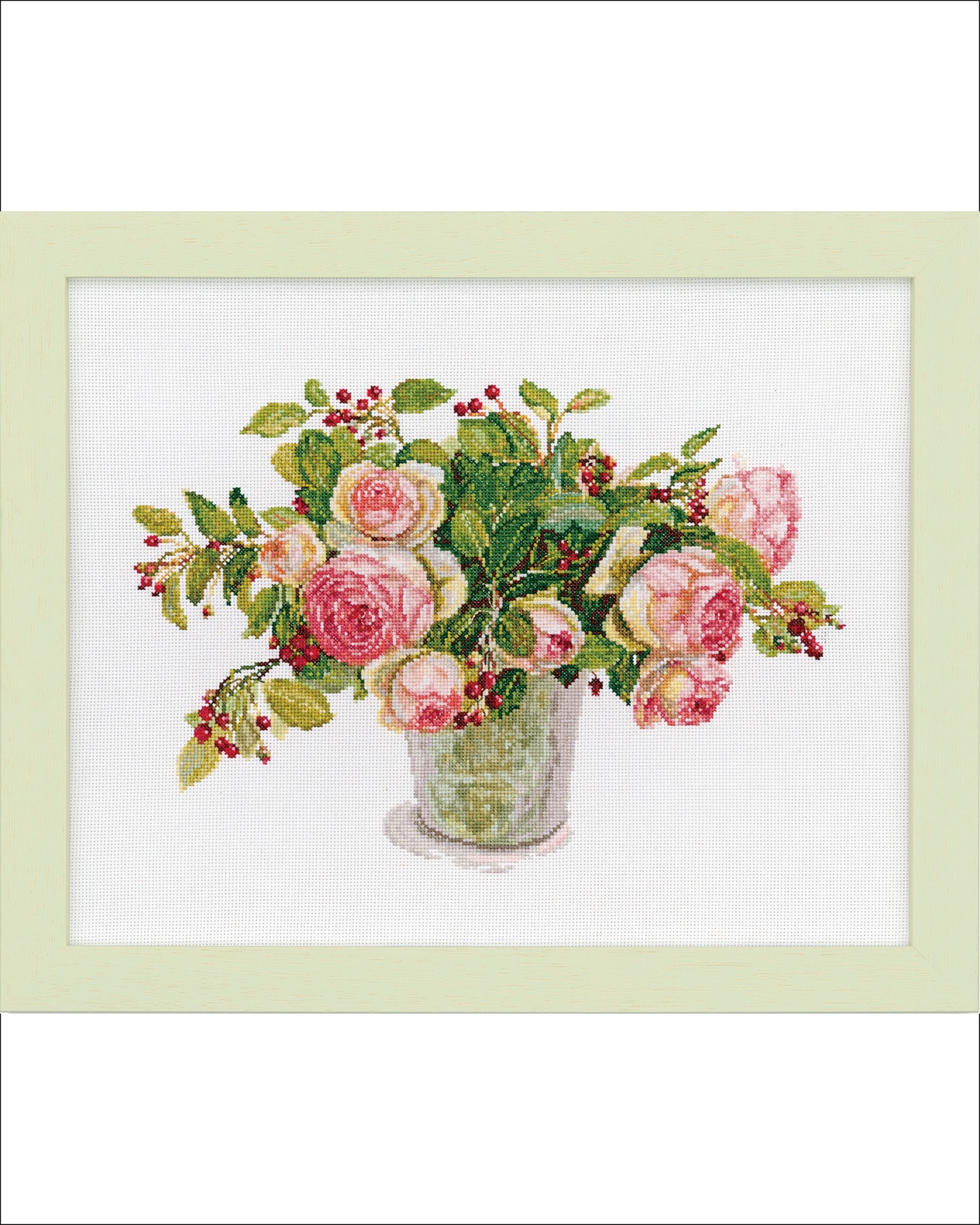 Framed pink and yellow rose bouquet embroidery in a pale wood frame