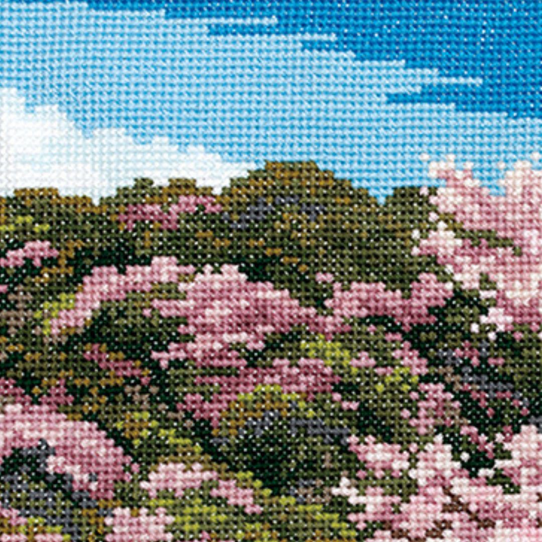 Framed cherry blossom landscape embroidery with arched bridge