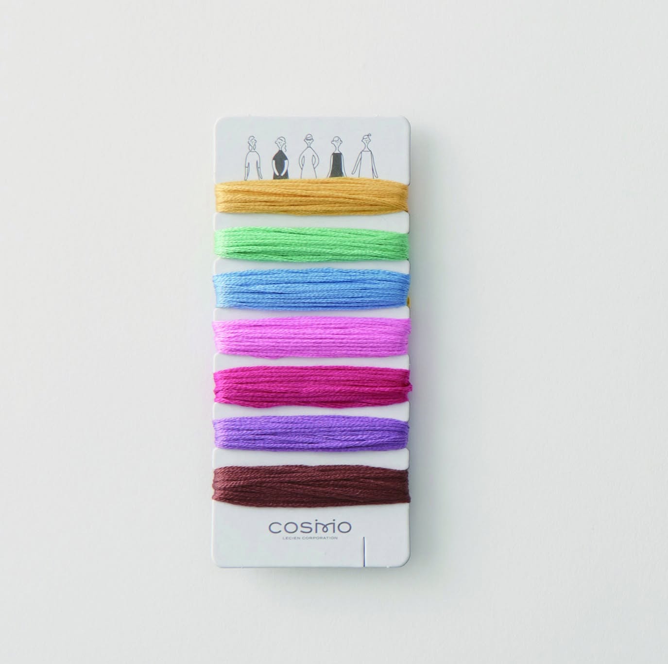 Curated COSMO palette card with mustard, lime, sky blue, pink, fuchsia, purple, and brown floss