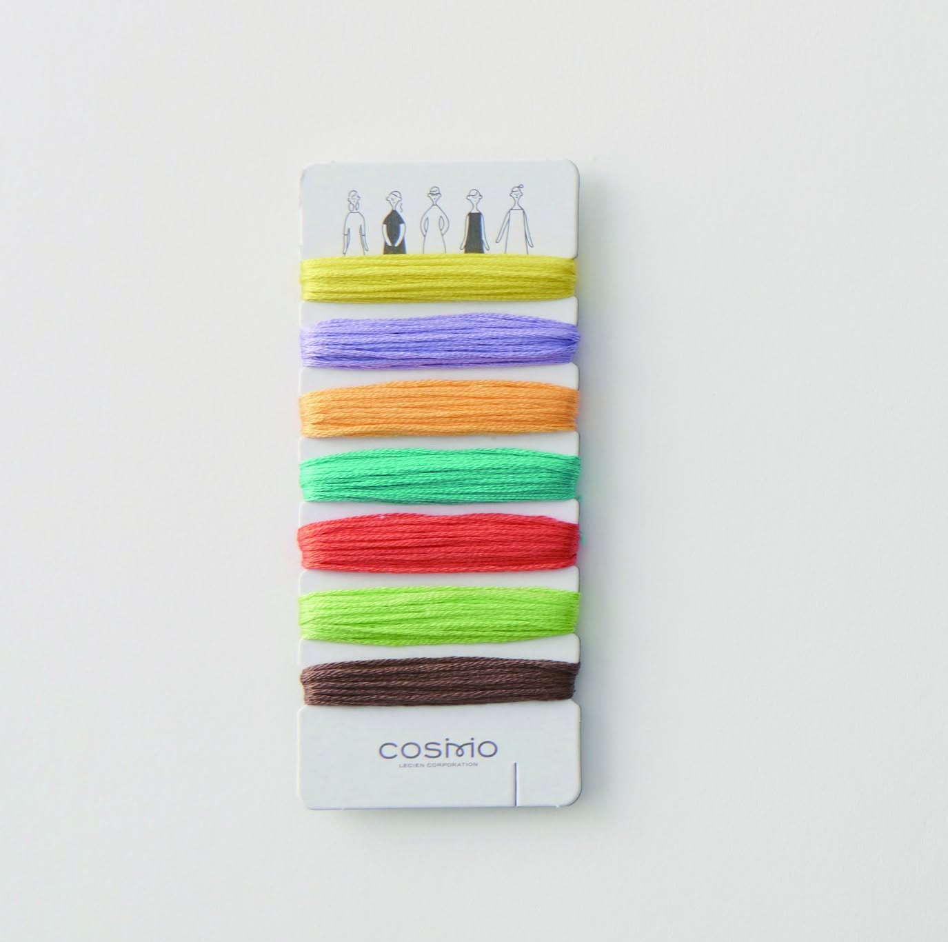 Curated COSMO palette card with yellow, lavender, orange, teal, red, lime, and brown floss