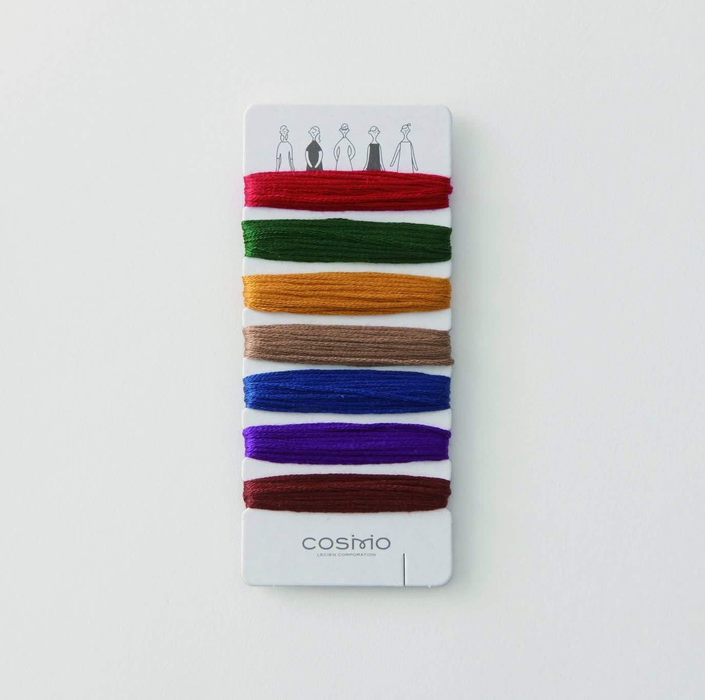 Curated COSMO palette card with red, forest green, mustard, taupe, blue, purple, and burgundy floss