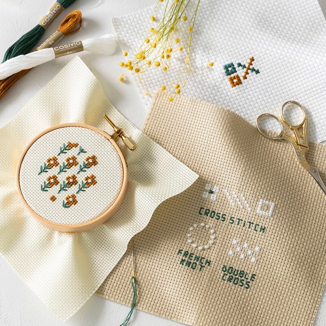 Cross-stitch sampler with French knot and double cross labels beside a small floral hoop and COSMO floss
