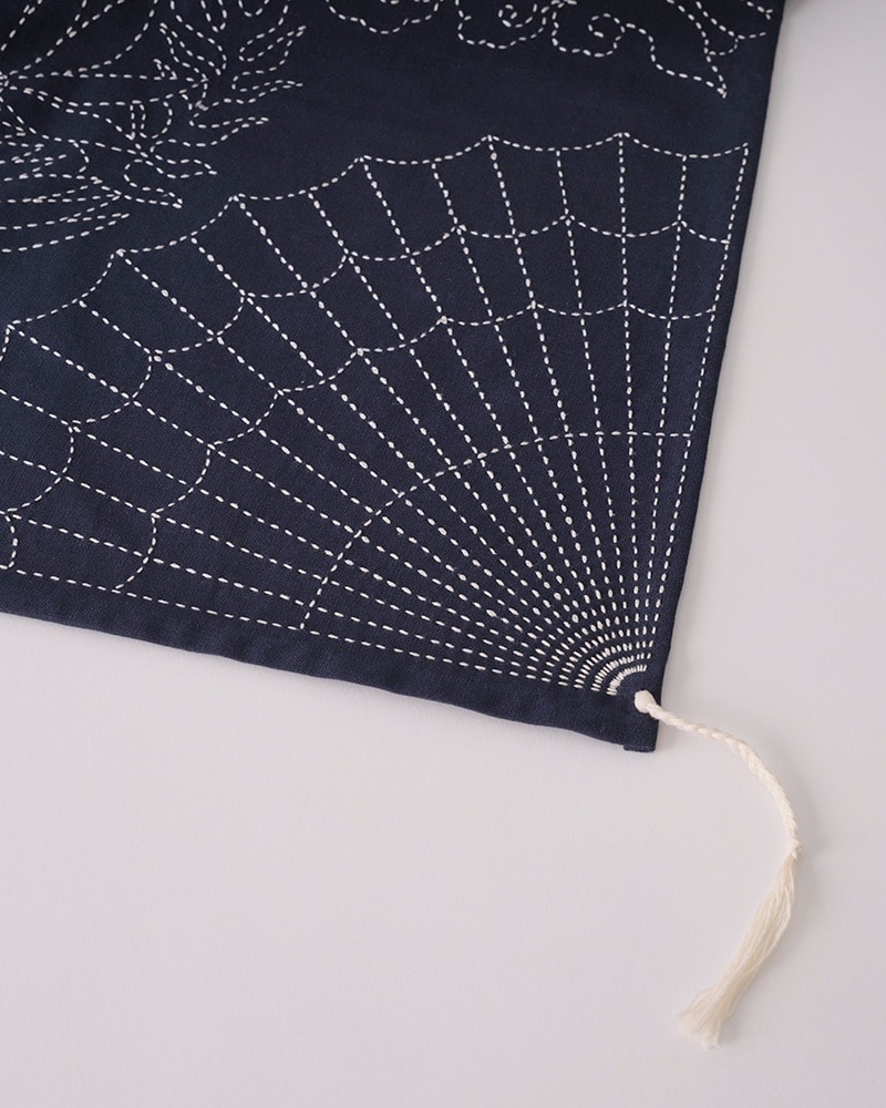 Detail of indigo sashiko cloth with traditional lucky motifs