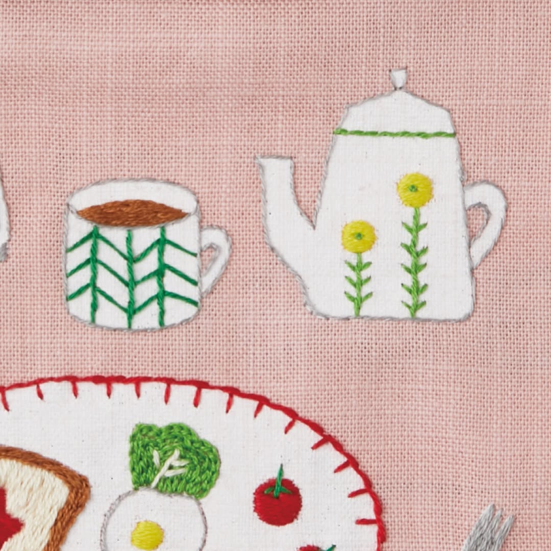 Close-up of embroidered teapot, mug, and breakfast plate motifs