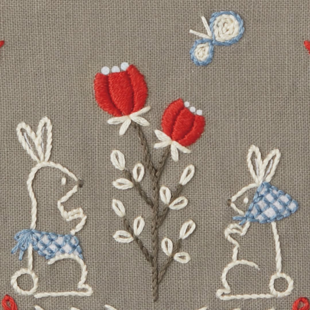 Close-up of red floral motifs and rabbits with blue checkered fabric accents
