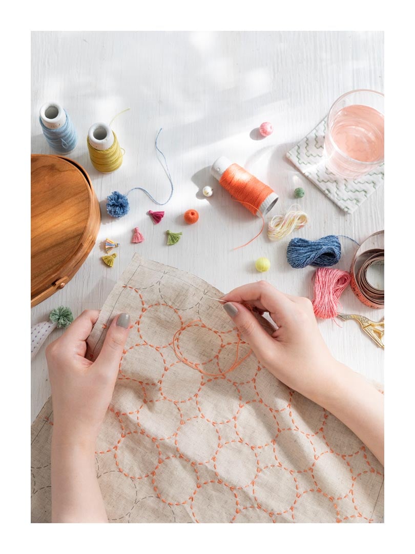 Hands sashiko stitching with Hidamari thread and a long sashiko needle