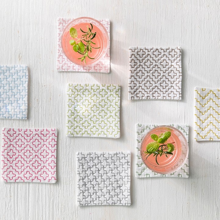 Hand-stitched sashiko fabric coasters with geometric motifs