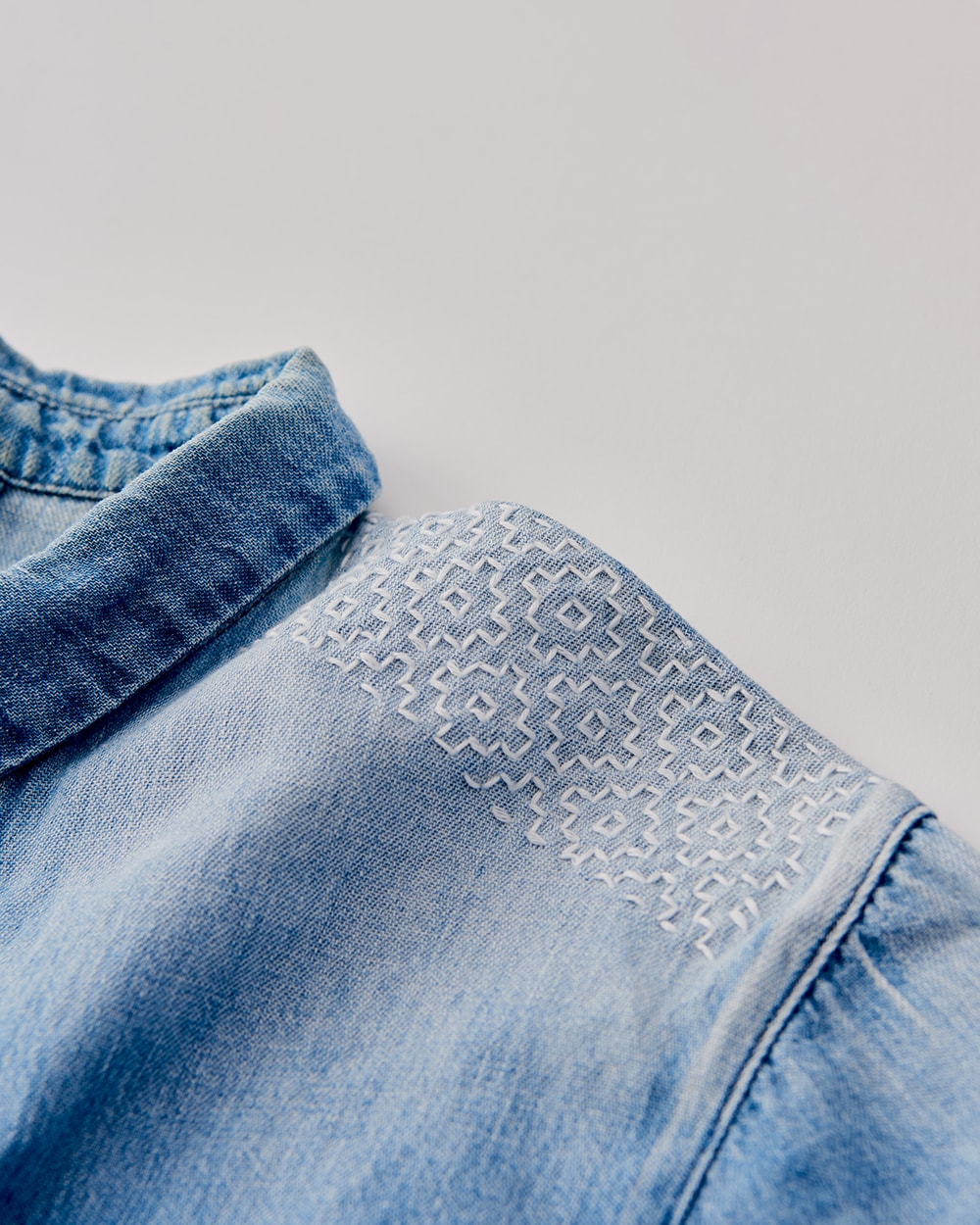 Detail of white sashiko stitching on a denim shirt