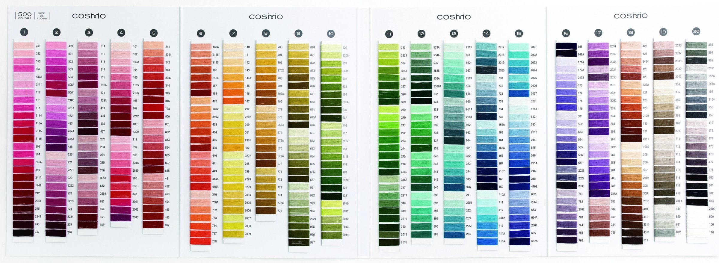 COSMO No. 25 embroidery floss color chart showing the full solid color range across numbered boards