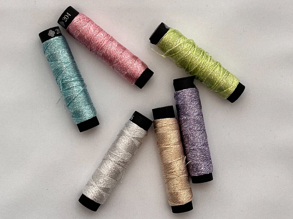 Champagni tasuki-twisted metallic embroidery thread spools in pastel tones — 6 colors