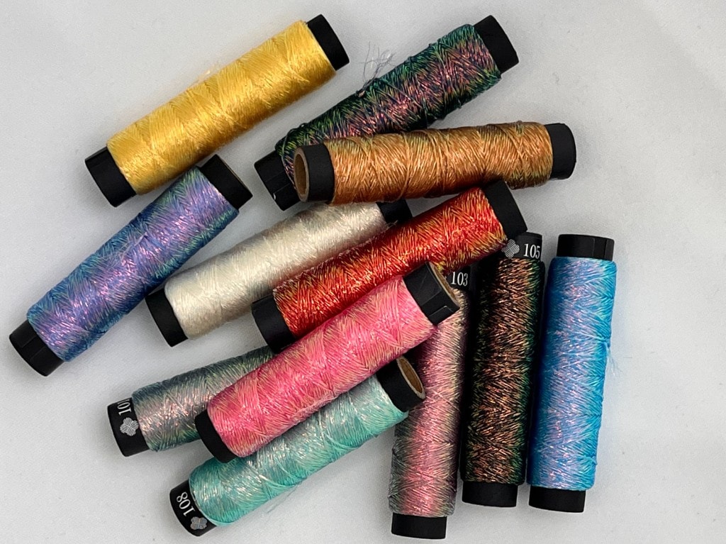 Iridescent tasuki-twisted metallic embroidery thread spools — 12 colors