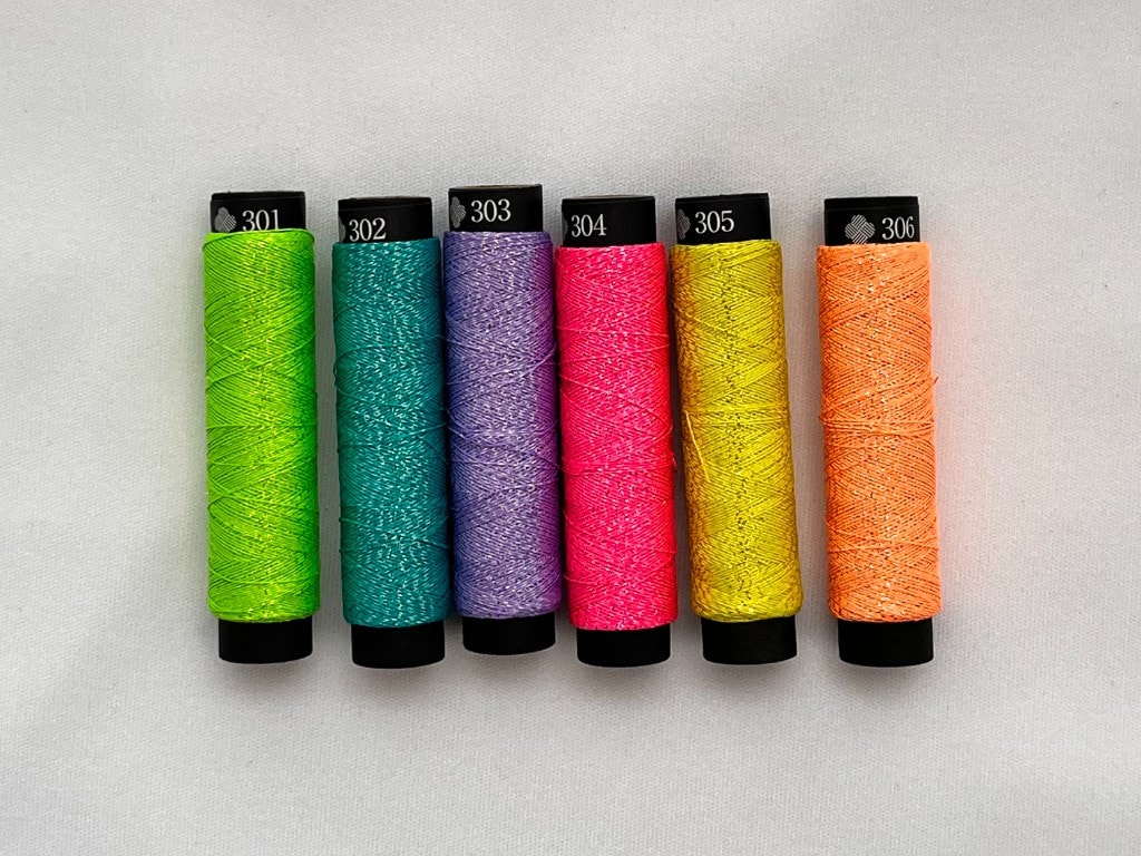 Neoni tasuki-twisted metallic embroidery thread in vivid fluorescent colors — 6 colors