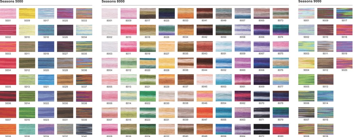 COSMO Seasons variegated floss color chart — 140 colors in Seasons 5000, 8000, and 9000 series