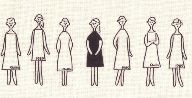 100 Ladies fabric before stitching, showing uncolored line-drawn figures