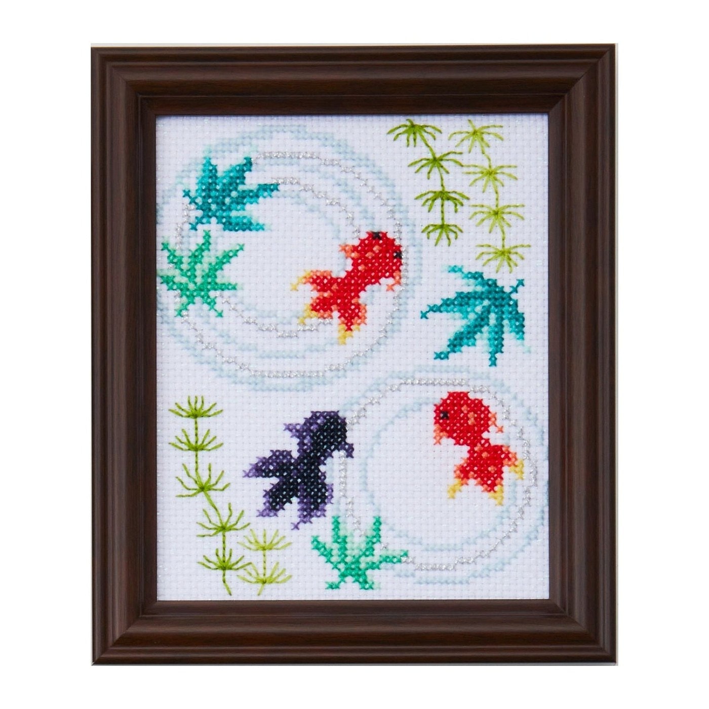 Framed cross-stitch of goldfish and water ripples worked in COSMO floss