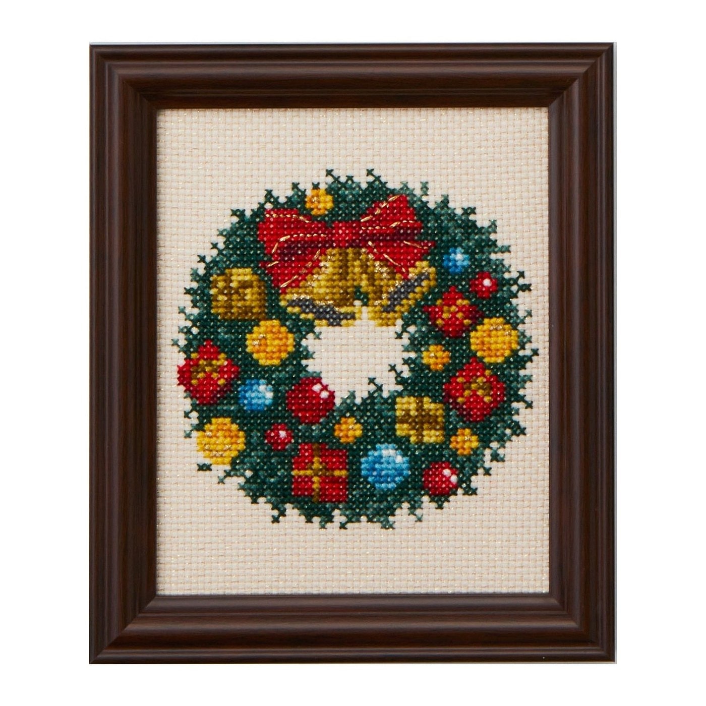 Framed cross-stitch of a festive holiday wreath with ornaments