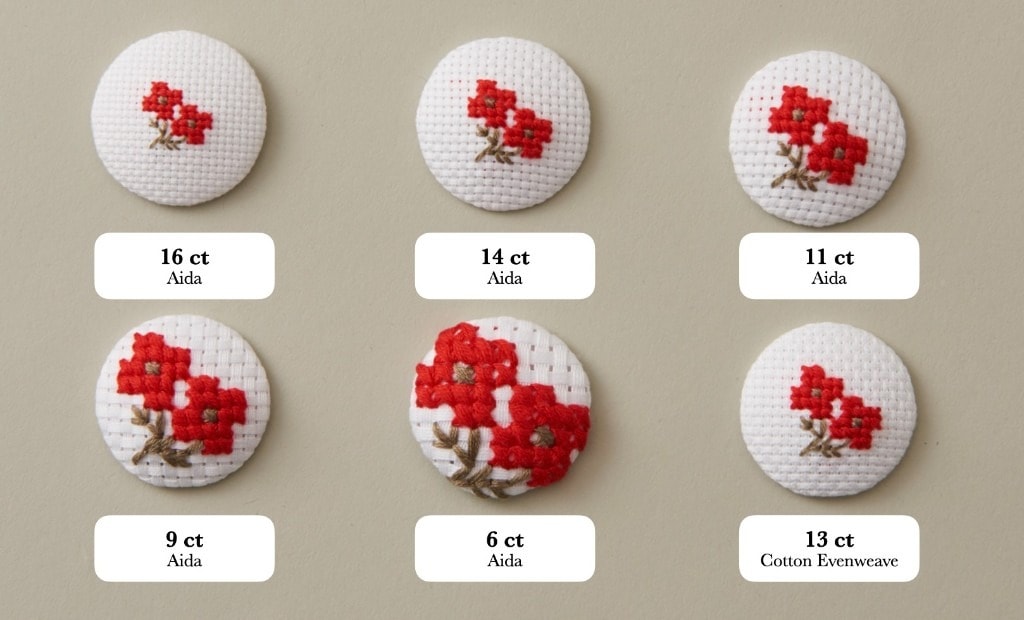 Same red flower motif on 6 ct, 9 ct, 11 ct, 14 ct, and 16 ct Aida, and on 13 ct cotton evenweave, each labeled