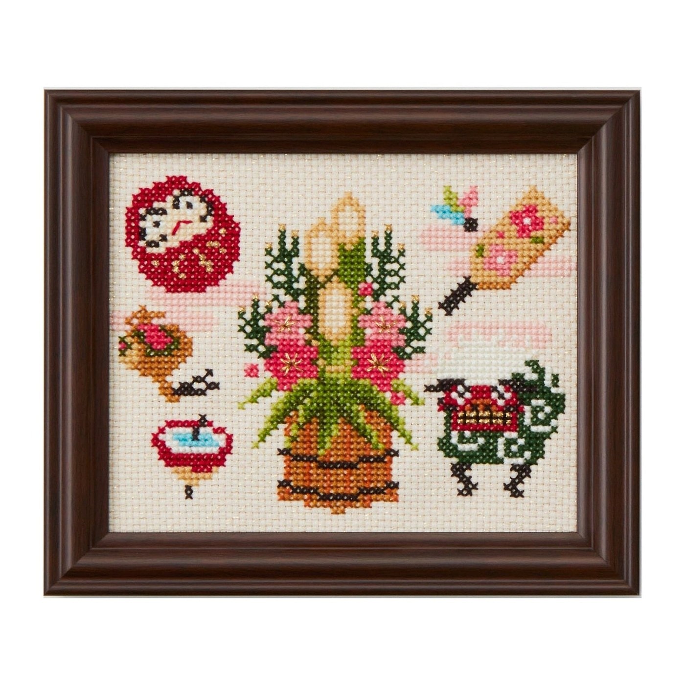 Framed cross-stitch of Japanese New Year good-luck charms stitched with COSMO threads and gold Nishikiito accents