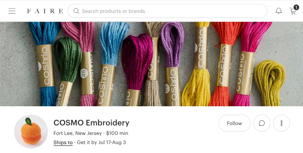 COSMO Embroidery brand storefront on Faire, showing colorful floss skeins and the Fort Lee, New Jersey wholesale profile