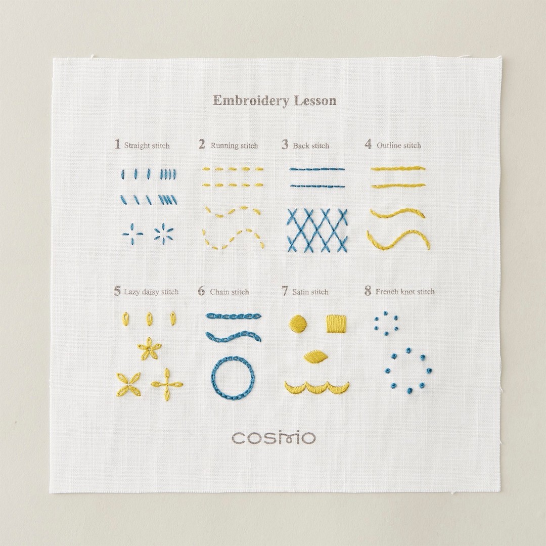 COSMO Embroidery Lesson cloth showing eight labeled stitches in teal and yellow