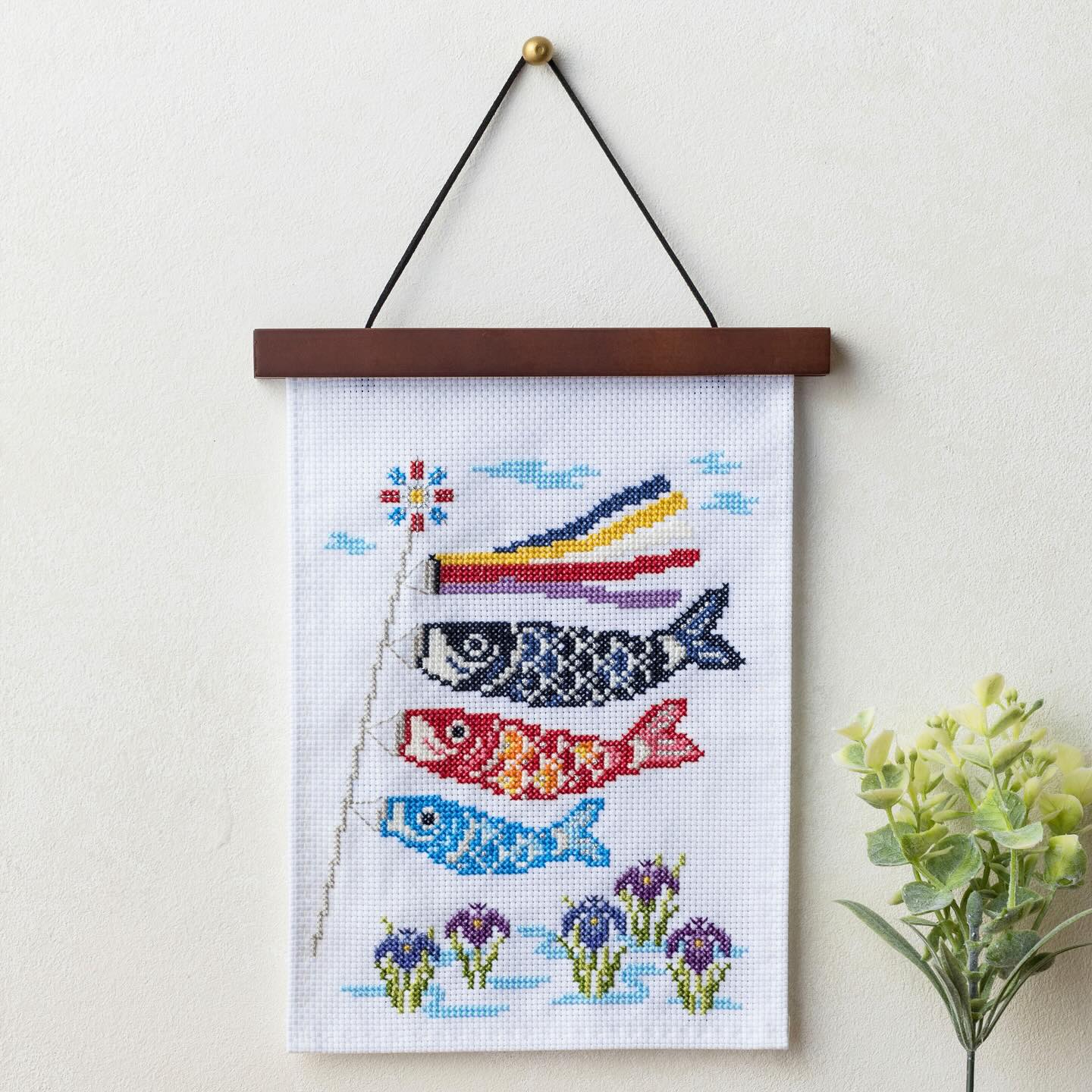 Cross-stitch Children’s Day hanging with colorful koinobori carp streamers and iris