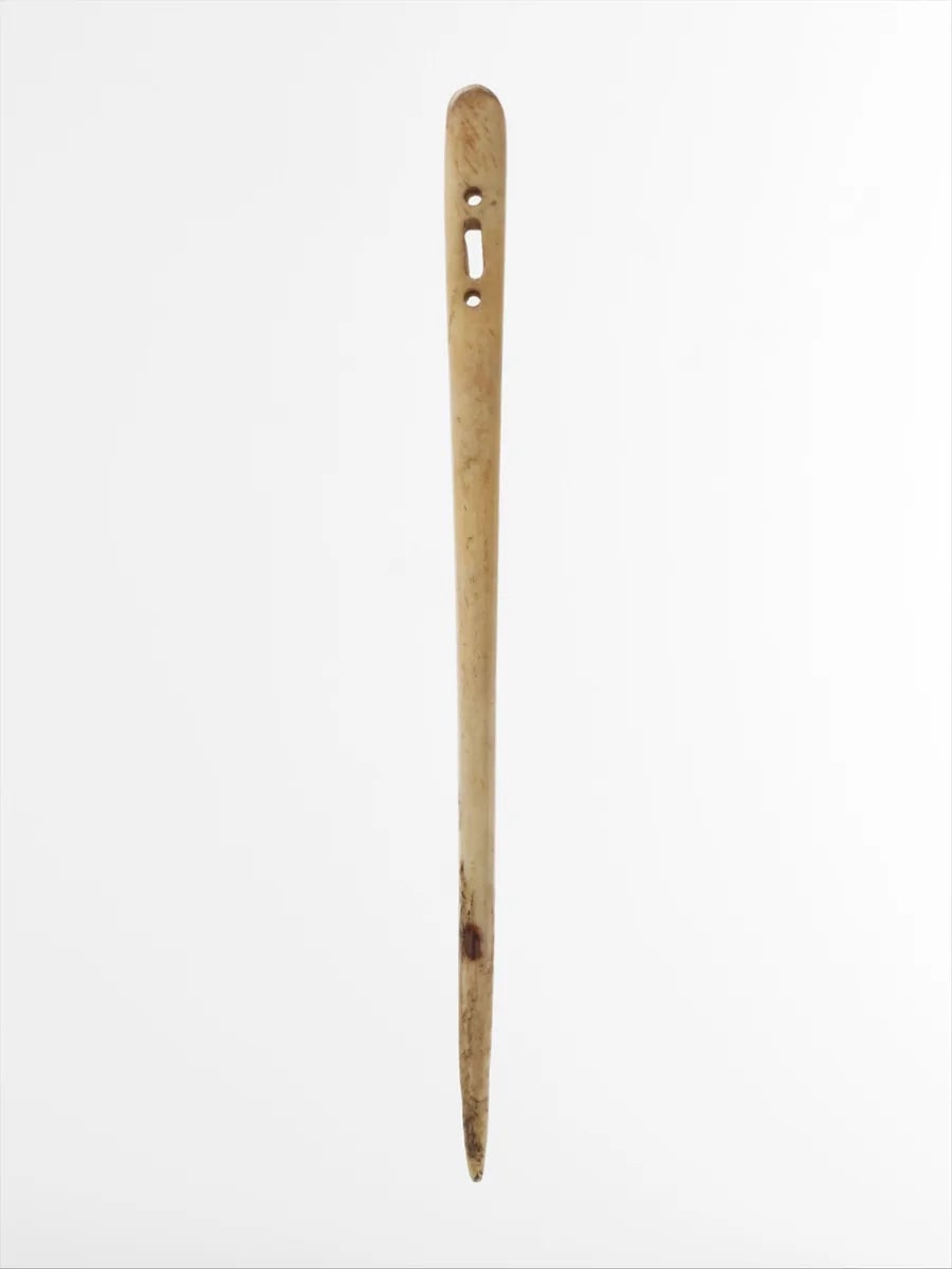 An ancient eyed bone needle on a neutral background