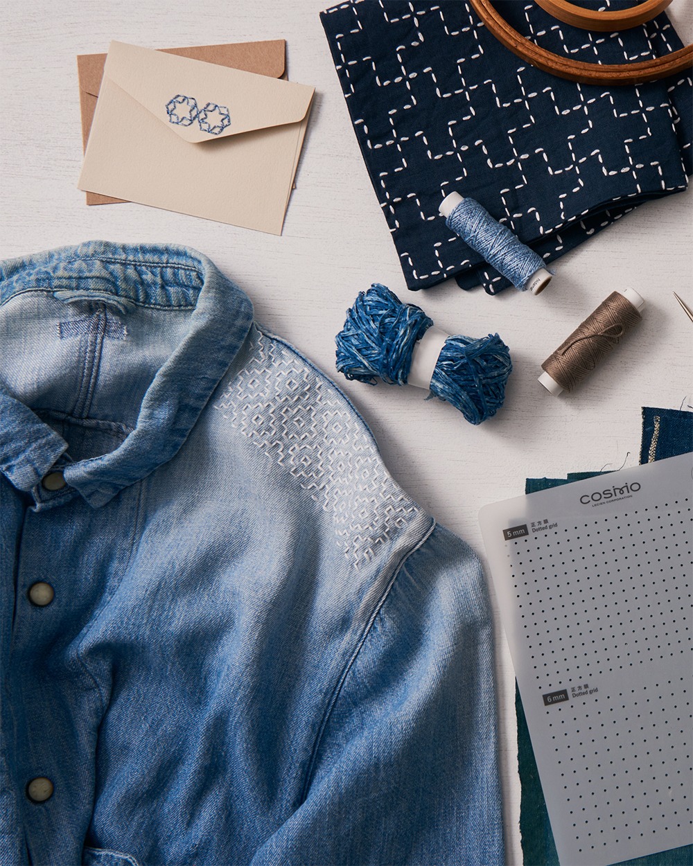 Denim shirt shoulder with white sashiko geometric embroidery beside blue thread spools