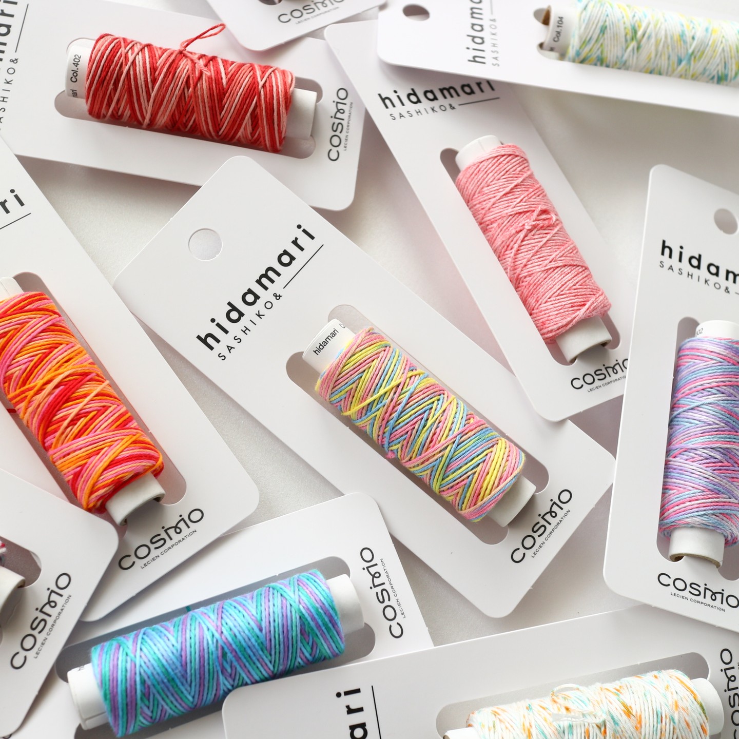 Hidamari sashiko variegated thread cards scattered with colorful stitching samples